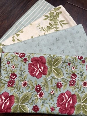MODA Field Notes By Blackbird Designs 4 Yard Bundle Teal Roses/ Green Floral - Image 1 of 4