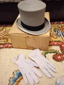 Lincoln Bennett Top Hat Grey Original Box Felt Black Trim & Gloves Wedding - Picture 1 of 24