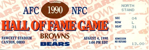 1990 Hall Of Fame Game Ticket Cleveland Browns vs Chicago Bears 37541 Cover