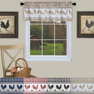 Country Farmhouse Buffalo Plaid Rooster Window Curtain Valance - Assorted Colors - Picture 1 of 6