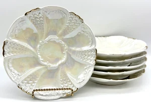 SELTENES 6ER SET WEIMARER PORZELLAN IRISIERENDE GLANZWARE 6 GUT AUSTERNTELLER um 1905 - Bild 1 von 24