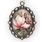 Pink Magnolia Flower Blooms Glass Top Oval Pendant Necklace Floral Photo Jewelry