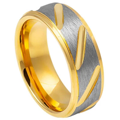 Banda de anillo de tungsteno bicolor gris y amarillo para hombre y mujer Foto 1 de 4
