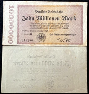 Authentic Historical Germany 10 MILLION Mark 1923 Railroad Banknote 99 Years Old - Picture 1 of 1