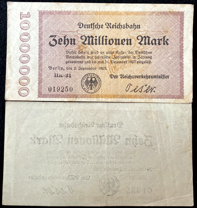 Authentic Historical Germany 10 MILLION Mark 1923 Railroad Banknote 99 Years Old - Image 1 of 1