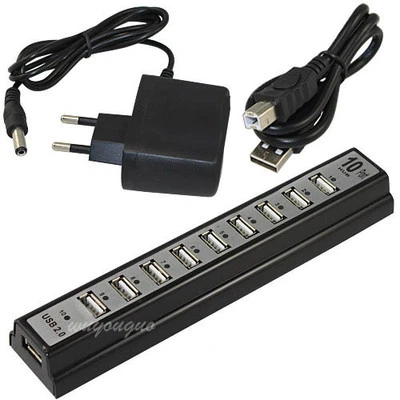 Black 10 Port HUB USB 2.0 Expansion + 2A EU Plug Power Supply Adapter For PC - Image 1 of 4