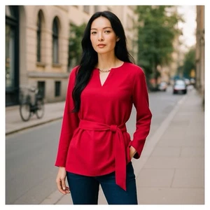 New Women’s Red Long Sleeve Belted Red Tunic Top Size Medium Chain Detail NWT - Picture 1 of 10