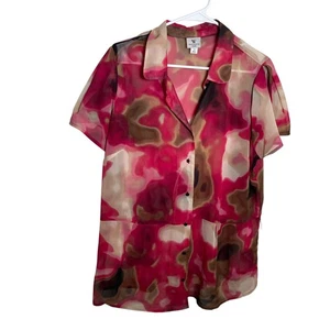 Worthington Blouse Women's 1X Sheer Button Up Short Sleeve Watercolor Casual Top - Picture 1 of 12