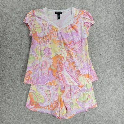 Conjunto corto de pijama Lauren Ralph Lauren para mujer S naranja rosa cachemira encaje algodón Foto 1 de 4