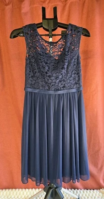 David’s Bridal Lace & Chiffon Dress – Marine Blue – Size 6 - Image 1 of 4