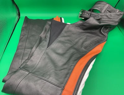 HARLEY DAVIDSON Mujer Talla M Mediana Cuero Chaps Negro Rayas Naranja Blanco Foto 1 de 4