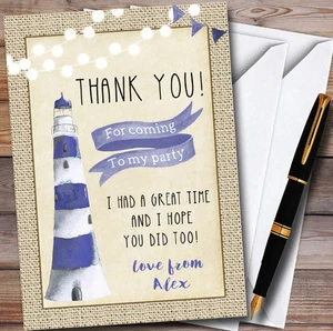 Burlap Nautical Lighthouse Boys Personalised Party Thank You Cards - Picture 1 of 1