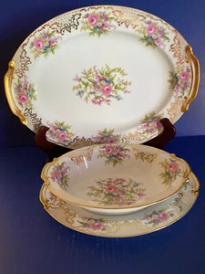 NORITAKE KYNGOLD JAPAN 2 PLATTERS 1 SERVING BOWL GOLD TRIM FLORAL 3 PIECES - Picture 1 of 15