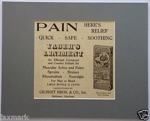"Yager's Liniment" 1935 enmarañado con anuncios a 8"" x 10""-Gilbert Bros. & Co.- Baltimore, MD - Imagen 1 de 2