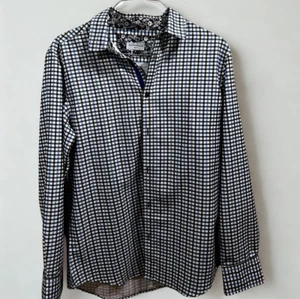 Camicia Berto Romani uomo XL quadri bottoni blu nero orlo floreale casual western - Foto 1 di 8