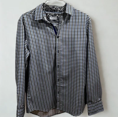 Berto Romani Shirt Mens XL Plaid Button Up Blue Black Floral Trim Casual Western - Image 1 of 4