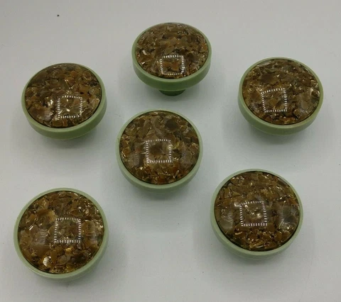 6 VTG  Bakelite Drawer Knob Pull Handle  Art Deco Mid Mod Plastic-Jade & Gold Cover