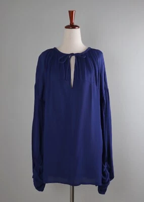 BY MALENE BIRGER $350 Solid Blue Crepe Sheer Keyhole Blouse Top Size 34 - Image 1 of 4
