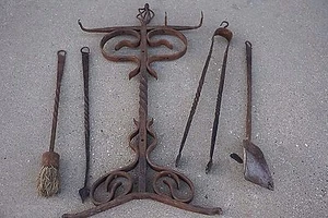 Tudor Arts & Crafts Antique wrought iron fireplace tools & stand - Picture 1 of 12