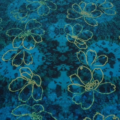 Stoff Baumwolle Jersey Batik Floral Blumenmuster petrol blaugrün Kleiderstoff - Bild 1 von 4