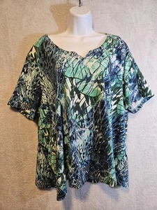 Ulla Popken 2X 100% Cotton Blue Peacock Top Short Sleeve 20/22 Plus Fairy - Picture 1 of 12