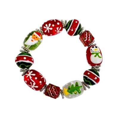 Pulsera elástica de cuentas de vidrio rojo navideño con cuentas de Santa y muñeco de nieve NUEVO Foto 1 de 4