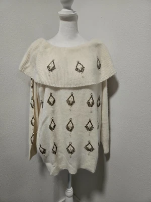 90s STUDIO COLLECTION LAMBSWOOL/ANGORA IVORY BIG COWL COLLAR BEADED SWEATER - Image 1 of 4