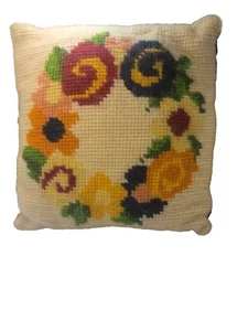 Cuscino vintage punta ago beige floreale marrone velluto schiena 12"x12" - Foto 1 di 2