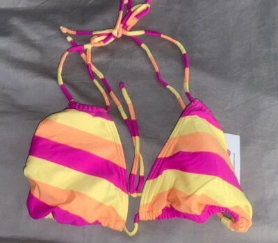 NWT True Crush Rio Stripe Halter Swimsuit Bikini Top S Yellow Orange Pink (B6) - Image 1 of 2