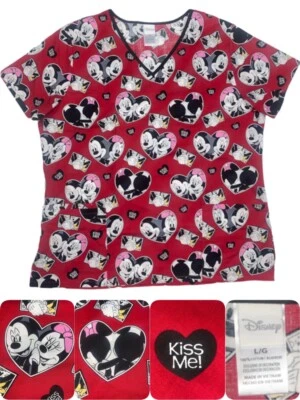 Disney • Mickey and Minnie Mouse Scrub Top • Kiss Me • Red • Womens Large • NICE - Image 1 of 4