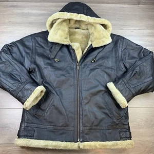Wilda Black Leather Sherpa Lined Flight Bomber B3 Style Jacket Hooded Men’s XL - Picture 1 of 19