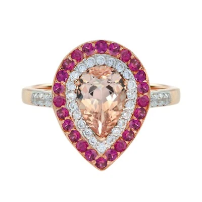 14K Gold Morganite Diamond Ruby Pear Shaped Halo Engagement Ring  - Image 1 of 4