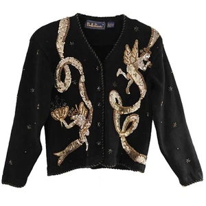 Cardigan vintage Belle Pointe taglia S nero Ramie cotone maglia oro paillettes angeli - Foto 1 di 10