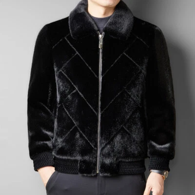 Mink Fur Coat Men's Winter Fur Lapel Collar Gold Mink Fur Coat Thick Zipper Coat - Image 1 of 4
