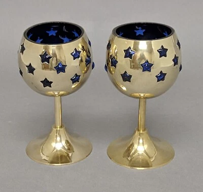 Votive Candle Holder Brass Blue Glass Liner Star Cutouts 3"D 6"High Set/2 - Image 1 of 4