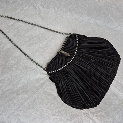 Black Rouched Satin Evening Bag with Rhinestone Accents and Polished Metal Clasp - Image 1 of 4