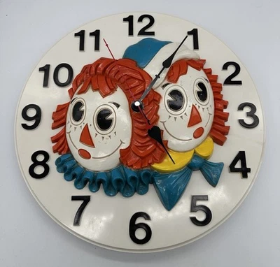 Винтажные настенные часы Raggedy Ann & Andy 1977 14 дюймов 3D Americans Kitsch - Изображение 1 из 4