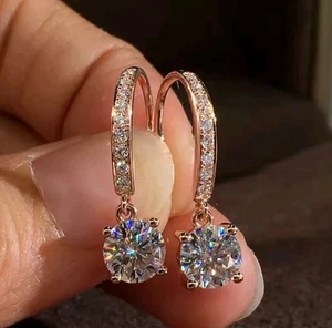 2Ct Round Cut Lab Moissanite Created Drop/Dangle Earrings 14K Yellow Gold Plated - Picture 1 of 3