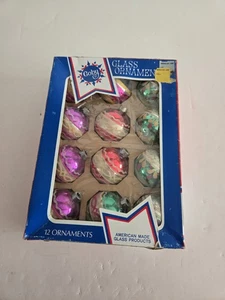 12 Vintage Coby Christmas Ornaments 2" Shiny Striped Mica Glitter In Coby Box - Picture 1 of 14