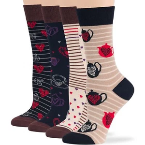 Women Bamboo Patterned Dress Crew Socks M 4Pack Coffee Beans Heart Black Brown - Picture 1 of 12