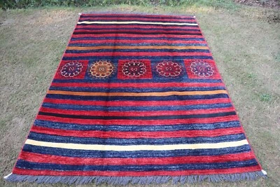 Afghan Modern Area Rug 4'8x6'6 ft Handmade Striped Design Rug, Blue Maroon Rug - Image 1 of 4