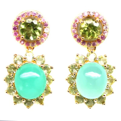 925 Sterlingsilber 7 x 8 Mm. Grün Chrysopras, Peridot & Saphir Ohrringe - Bild 1 von 4