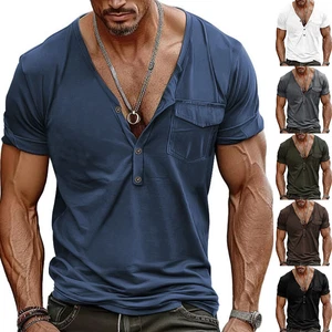 Camiseta Para Hombres Manga Corta Cuello en V Sólida Suelta Deportiva Músculo Camiseta Prendas para el torso Blusa Bolsillos - Imagen 1 de 20