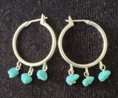 Sterling Silver Hoop Earrings with Turquoise Stones - Image 1 of 3