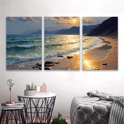 3pcs Golden Sunset Over Ocean Waves Beach Scene Wall Art Canvas Unframed/Framed - Image 1 of 4