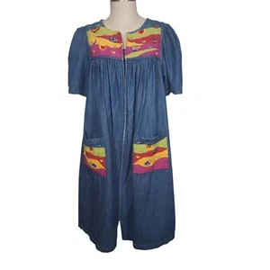 Go Softly PATIO sz M denim house dress mumu zip front embroidered summer bugs - Picture 1 of 8