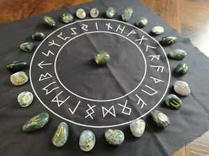 Rune Stones Set 25 Aqua Green Agates Divination Altar Cloth Pouch & Instructions - Picture 1 of 6