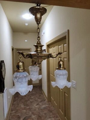 RESTORED Antique Art Craft Deco Victorian Brass Chandelier Hanging Pan Light - Image 1 of 4