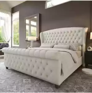 Luxury Tulip Wing Sleigh Bed With/Without Ottoman Gas Lift Storage in Soft Plush - Picture 1 of 7