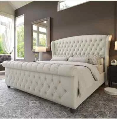Luxury Tulip Wing Sleigh Bed With/Without Ottoman Gas Lift Storage in Soft Plush - Image 1 of 4